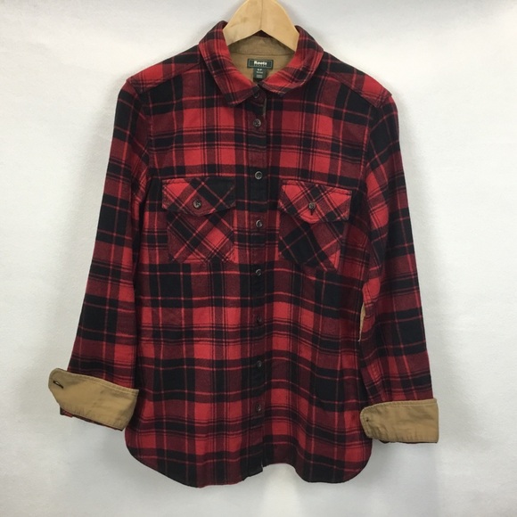 Roots Canada Buffalo Check Plaid Lumberjack Flannel Shirt Elbow Patches Size S - Picture 3 of 13